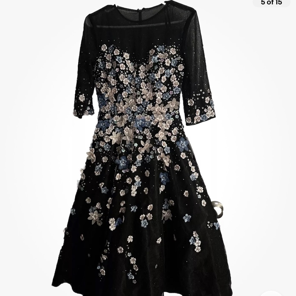 Mac Duggal Floral Appliqué Midi Cocktail Dress Size 6 Mesh romantic Edgy Lined - Picture 5 of 14